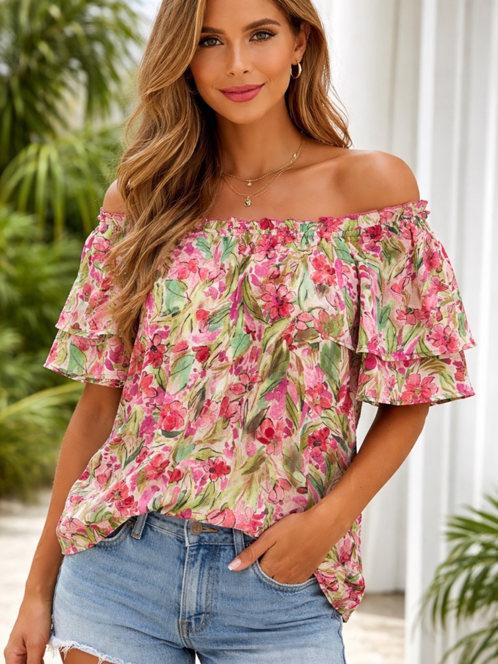 Chenault Pink & Green Floral Off-Shoulder Top Small S NWT